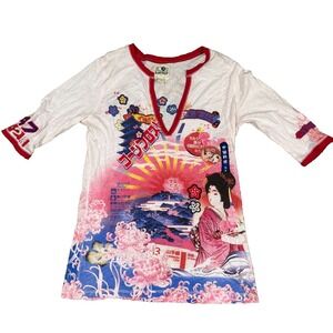 VTG Lucky Brand Geisha Graphic Long Sleeve Tee Artistic Asian Y2K 90s Large